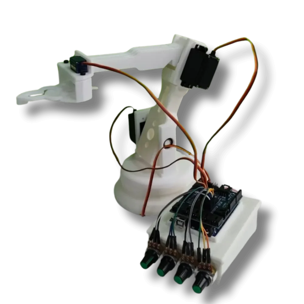 RoboArc robot kol: beyaz gövde, dört servo, potansiyometreli kumanda paneli ve Arduino kartı